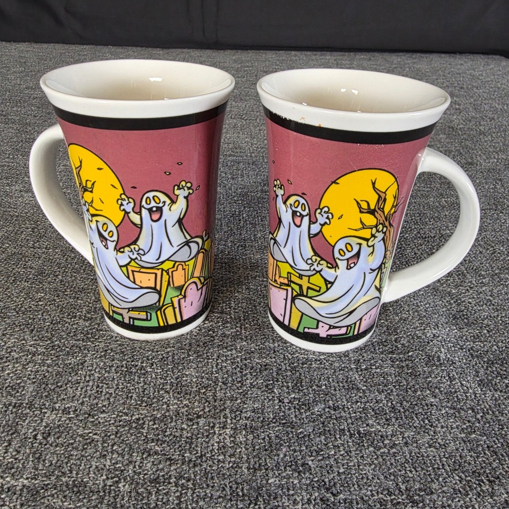 Halloween Ghost Mugs Set of 2 Tall Ceramic Coffee Cups Graveyard Moon Pink Vtg